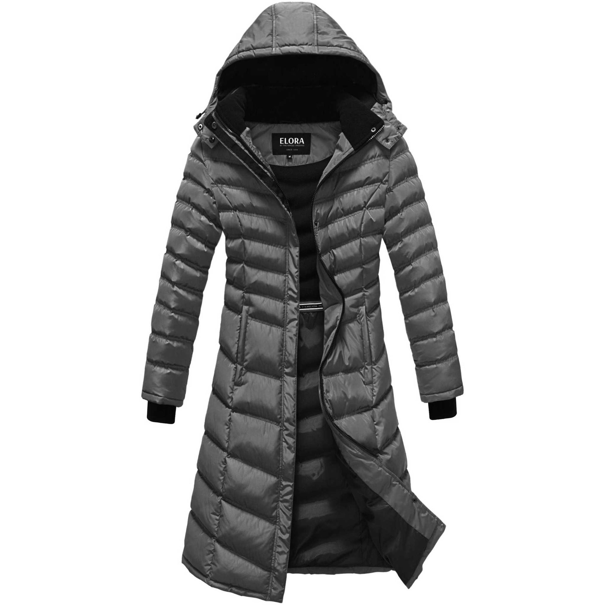 Elora Maxi Puffer warm vegan winter coat for women, 40-inch long with detachable hood and metal zippers.