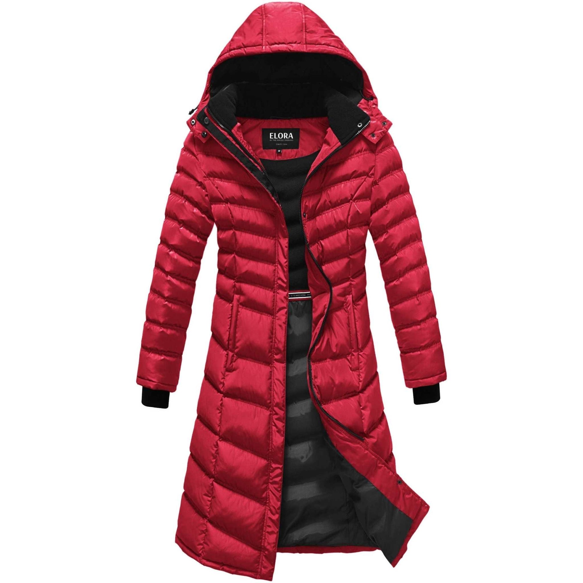 Red Elora Maxi Puffer vegan winter coat with detachable hood, zippered pockets, and knit rib cuffs for women.