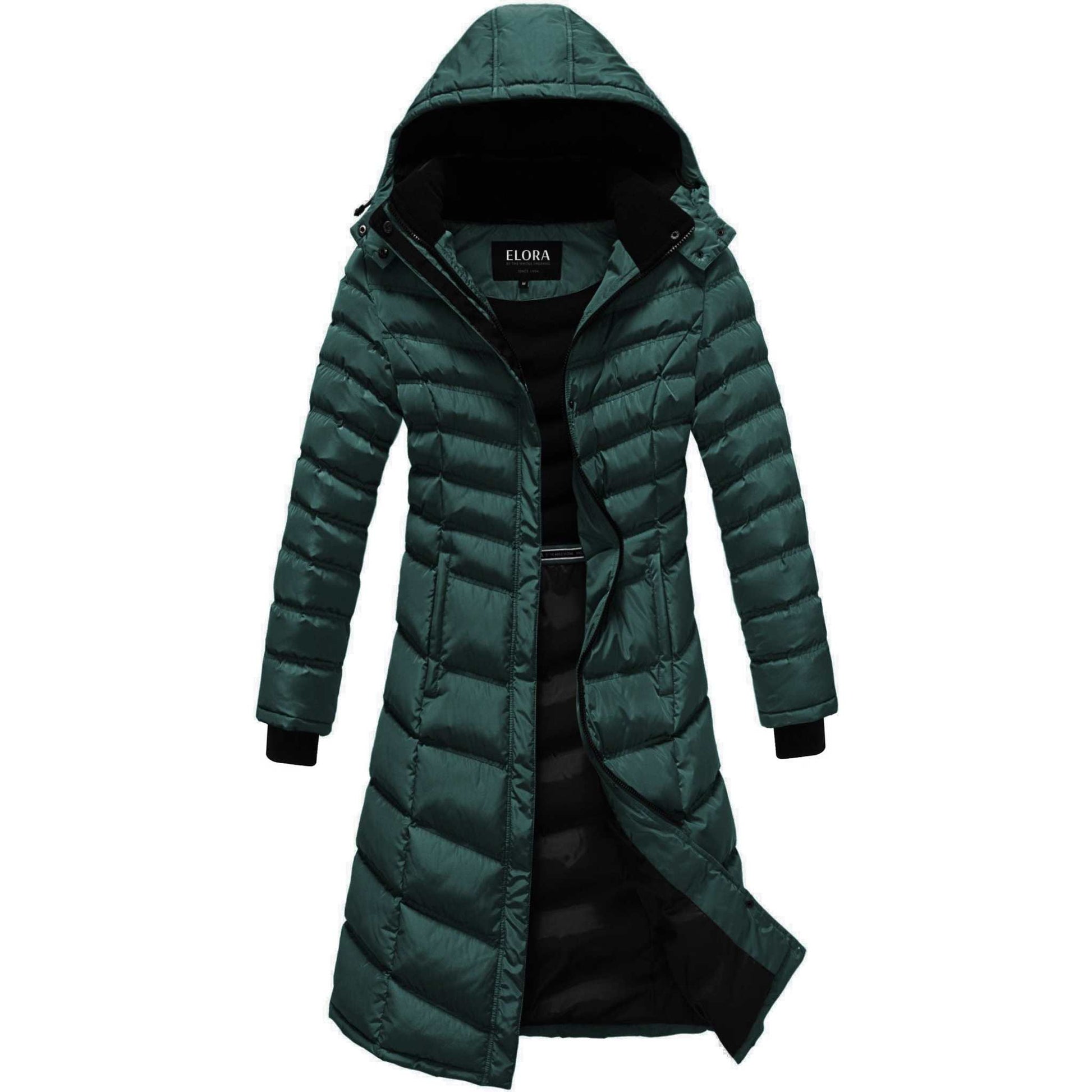 Elora Maxi Puffer, vegan warm winter coat with detachable hood and metal zipper.