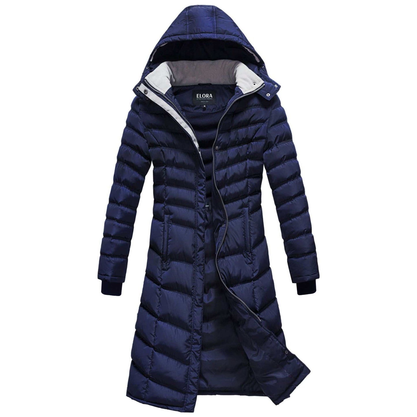 Elora Maxi Puffer warm vegan winter coat for women with detachable hood.