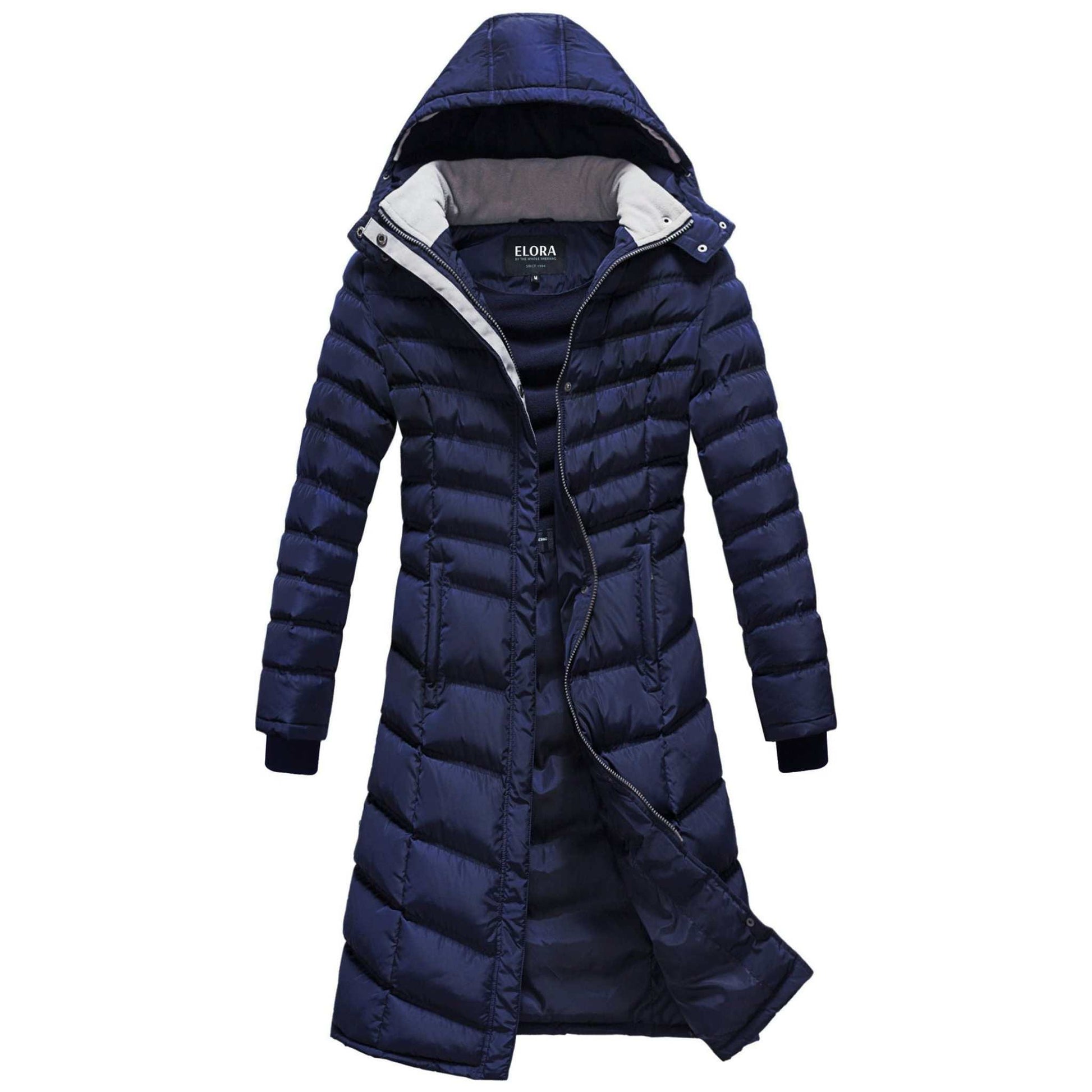 Elora Maxi Puffer warm vegan winter coat for women with detachable hood.