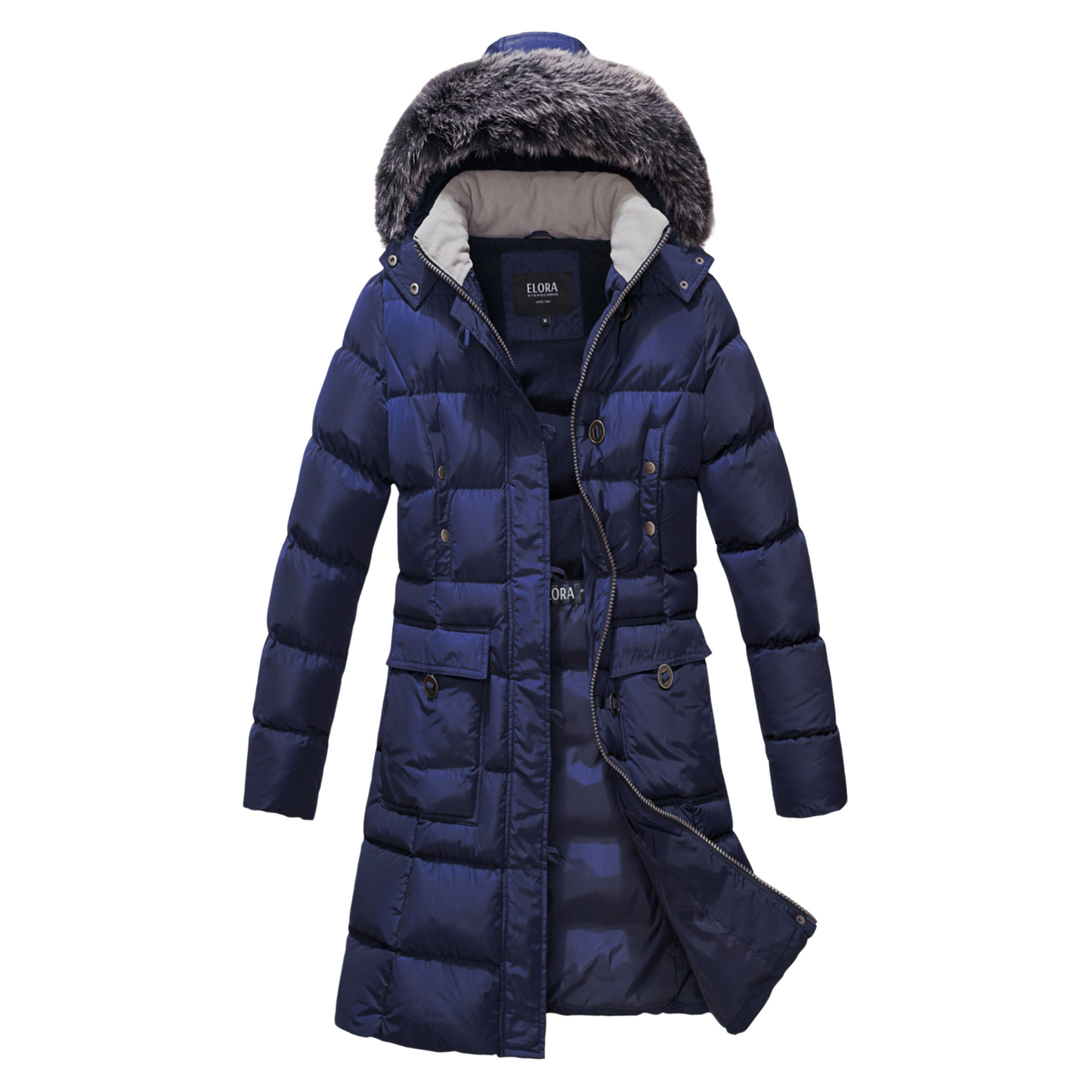 ELORA Women's Winter Vegan Down Puffer Parka Mid Length Cargo Seven Pocket Coat Faux-Fur Trim