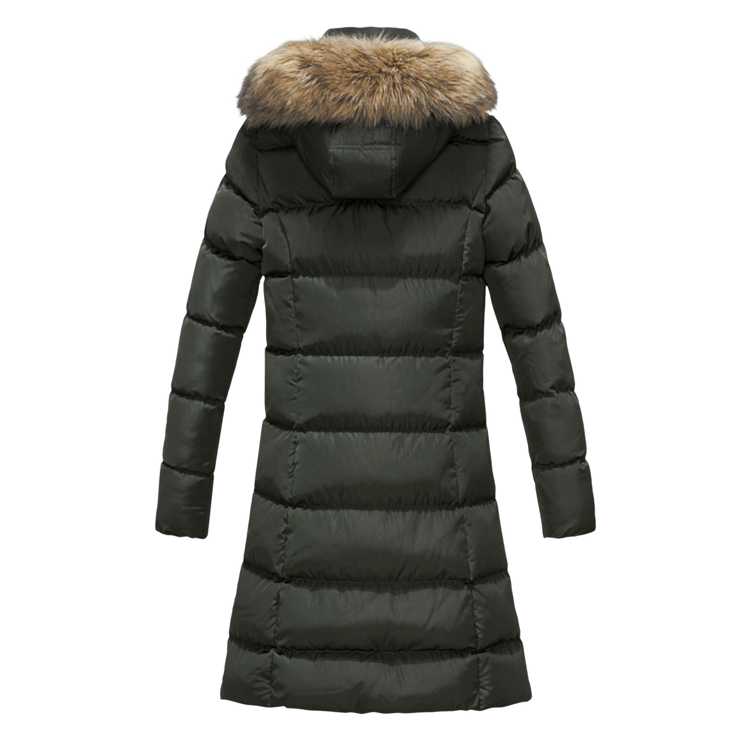 Back view of ELORA Women's Winter Vegan Down Puffer Parka with faux fur hood.