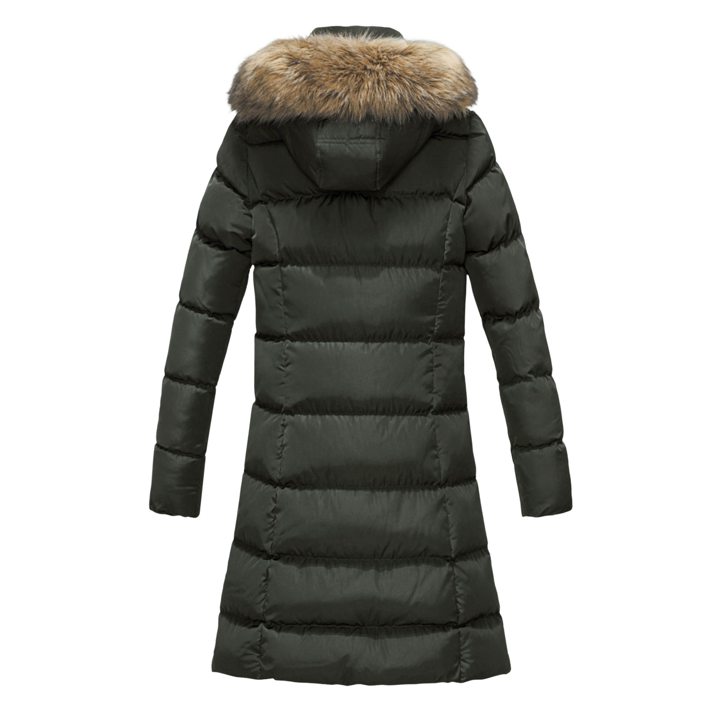 ELORA Women's Winter Vegan Down Puffer Parka Mid Length Cargo Seven Pocket Coat Faux-Fur Trim