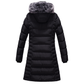 Women's winter coat with detachable fur hood, fleece lining, and quilted design.
