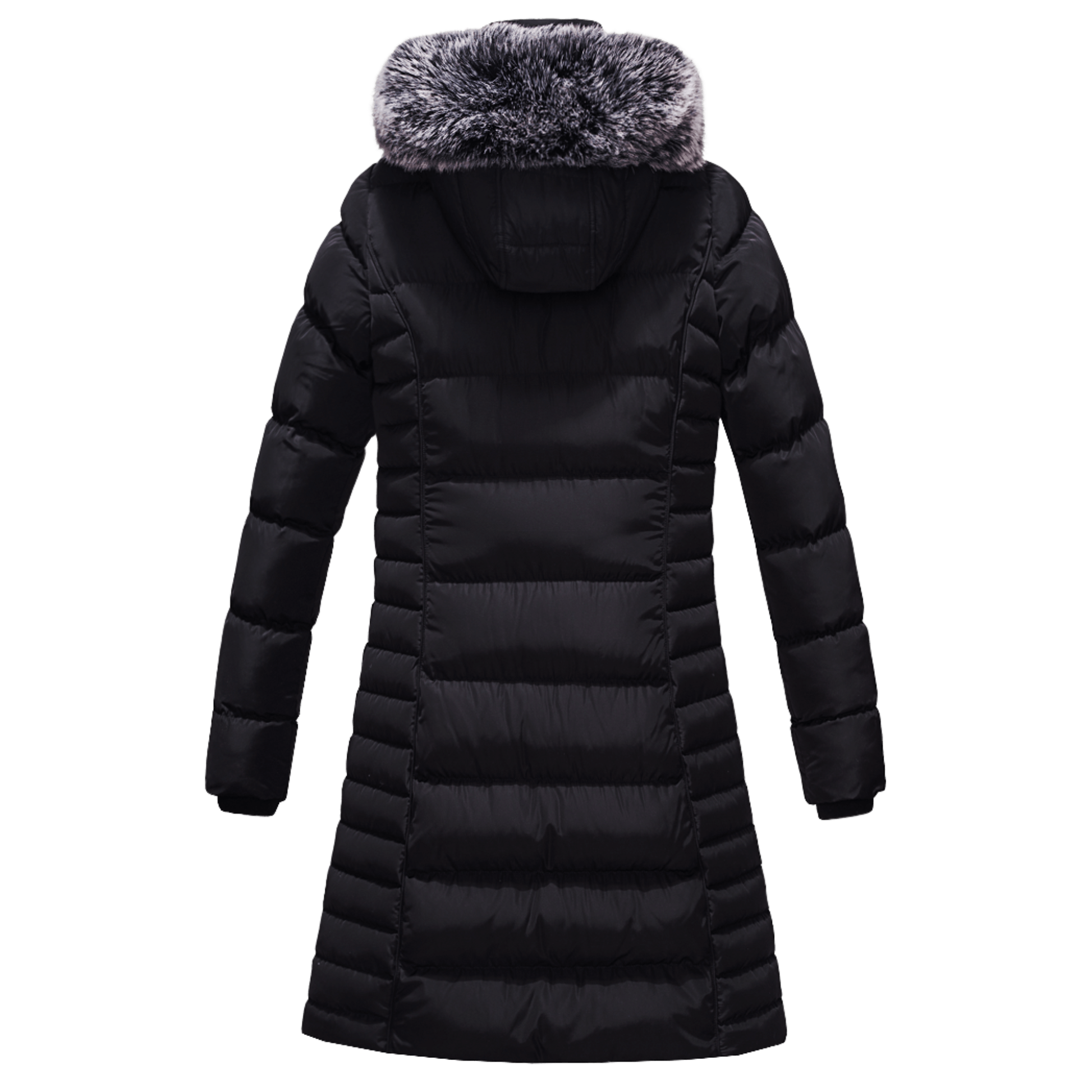 Women's winter coat with detachable fur hood, fleece lining, and quilted design.