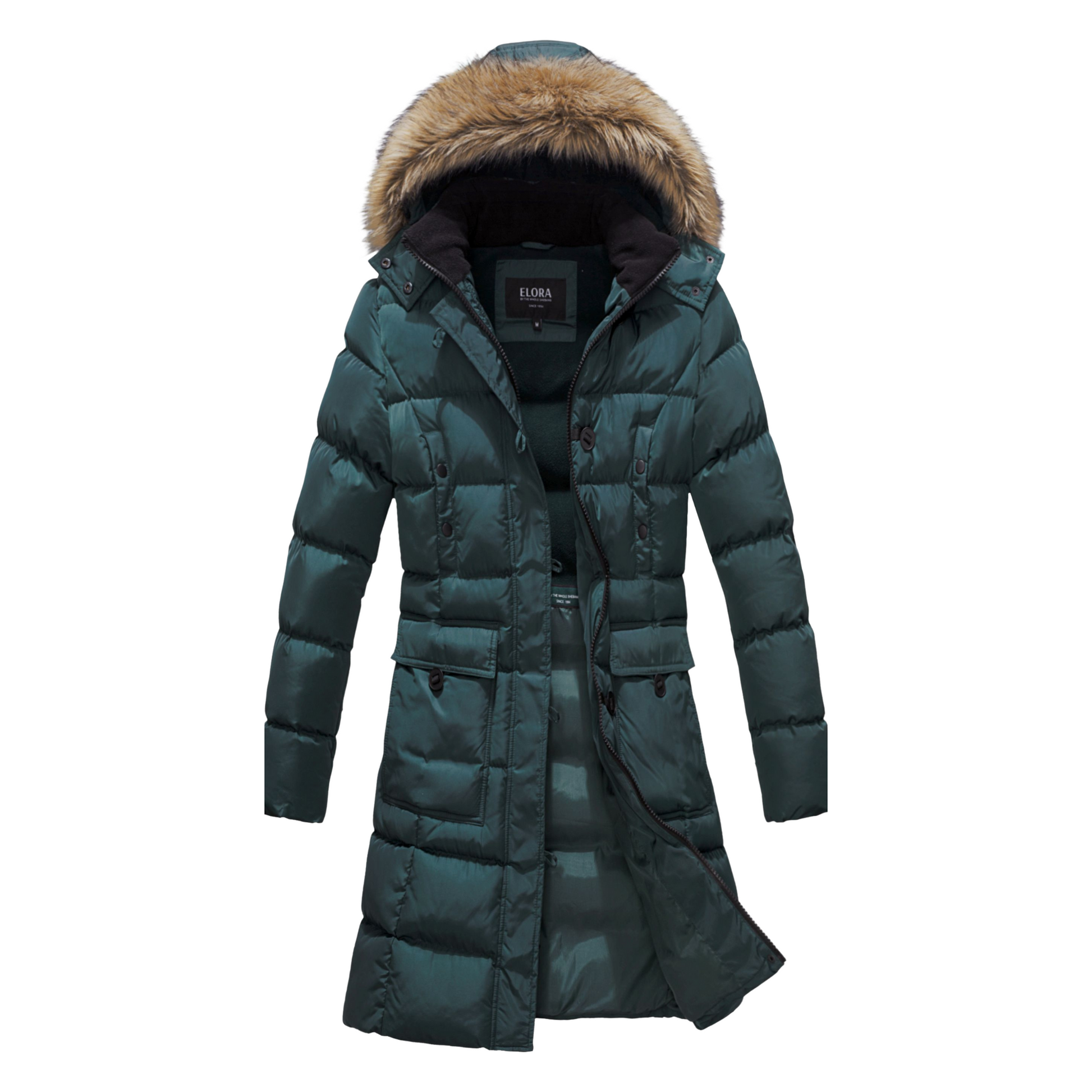 ELORA Women's Winter Vegan Down Puffer Parka with faux fur hood.