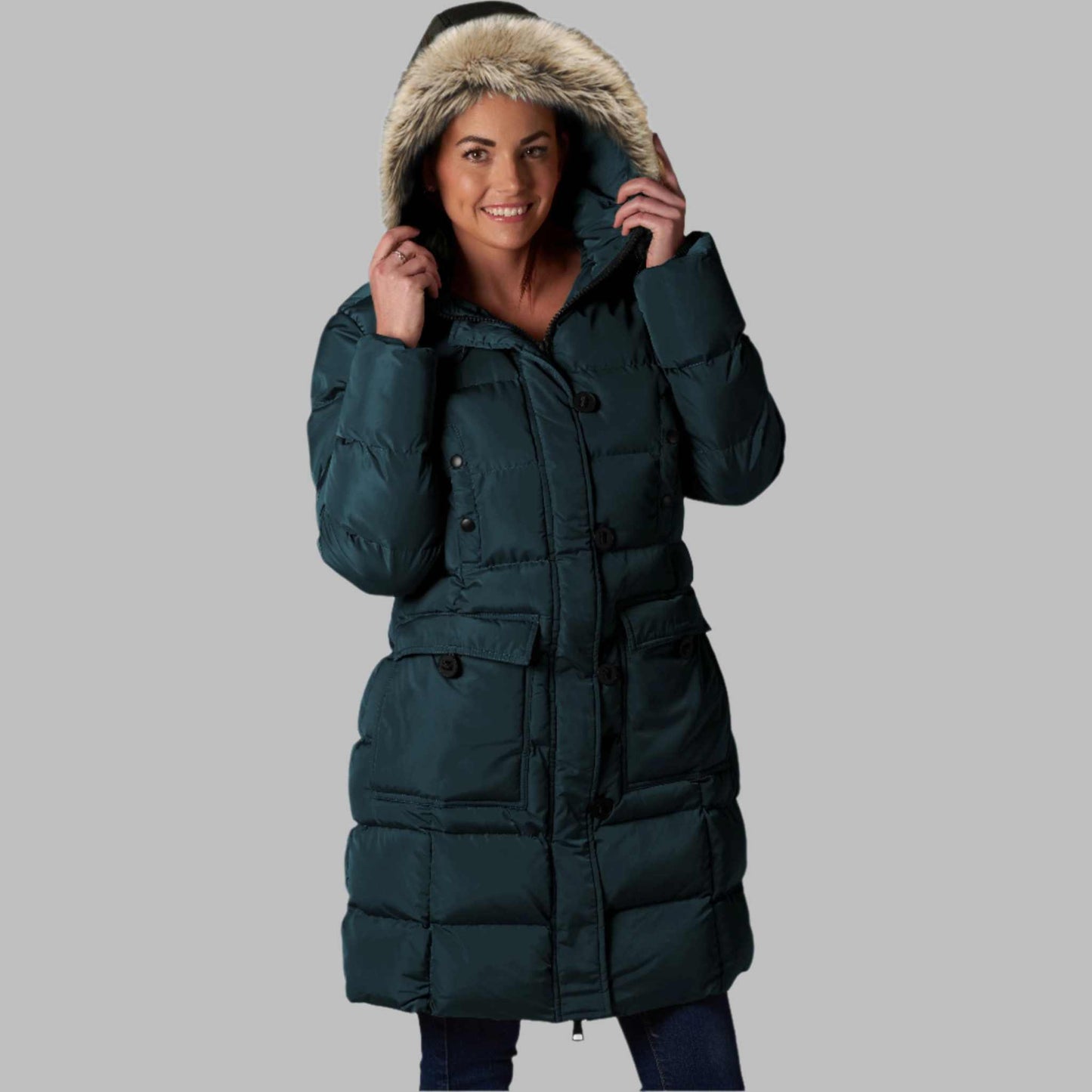 ELORA Women's Winter Vegan Down Puffer Parka Mid Length Cargo Seven Pocket Coat Faux-Fur Trim