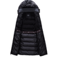 Mid-length women's winter coat with fleece lining and detachable hood, featuring quilted design and water-resistant polyester.