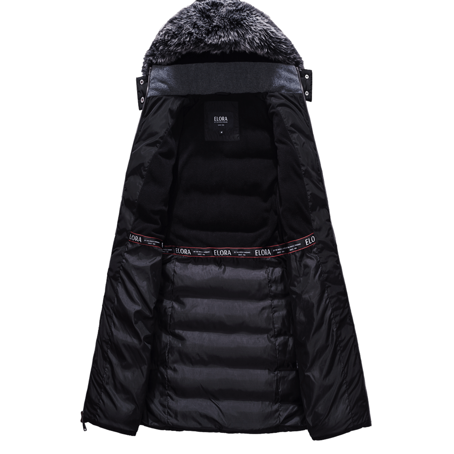 Mid-length women's winter coat with fleece lining and detachable hood, featuring quilted design and water-resistant polyester.