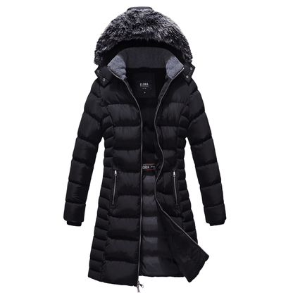 Mid-length quilted women's winter coat with fleece lining and detachable hood.