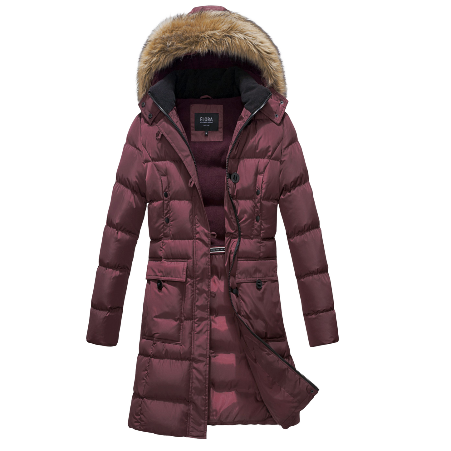 ELORA Women's Winter Vegan Down Puffer Parka Mid Length Cargo Seven Pocket Coat Faux-Fur Trim