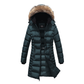 Mid length women's winter coat with fleece lining and detachable hood.