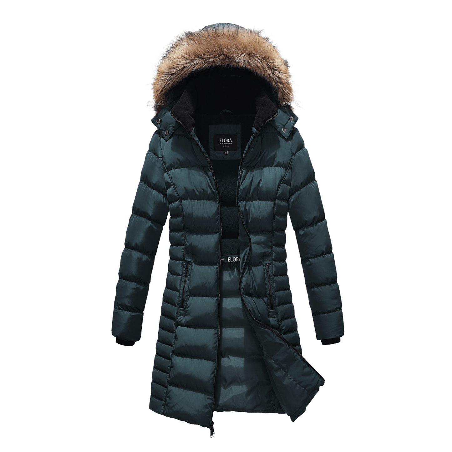 Mid length women's winter coat with fleece lining and detachable hood.