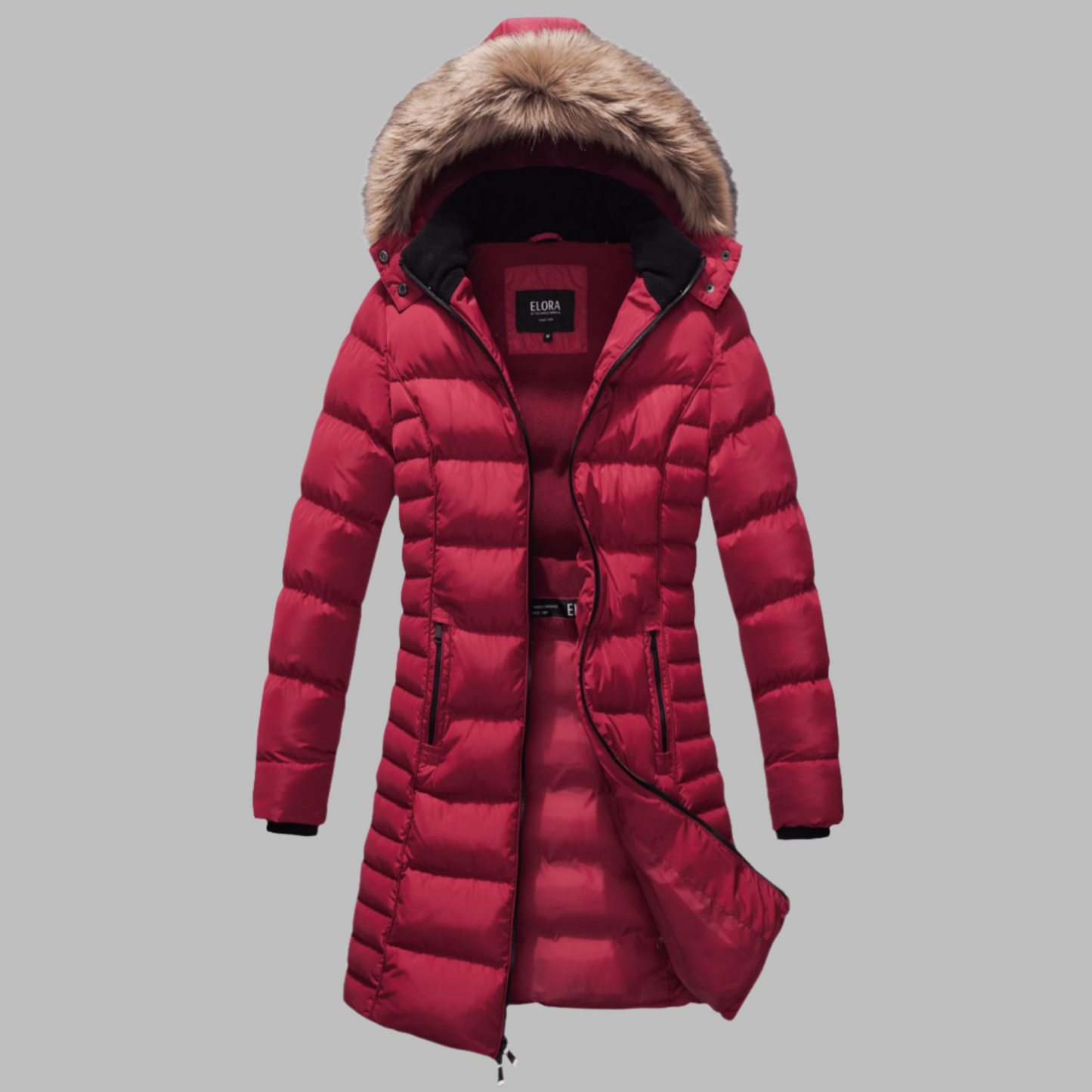 Mid-length women's winter coat with fleece lining, detachable hood with fur trim, quilted design.