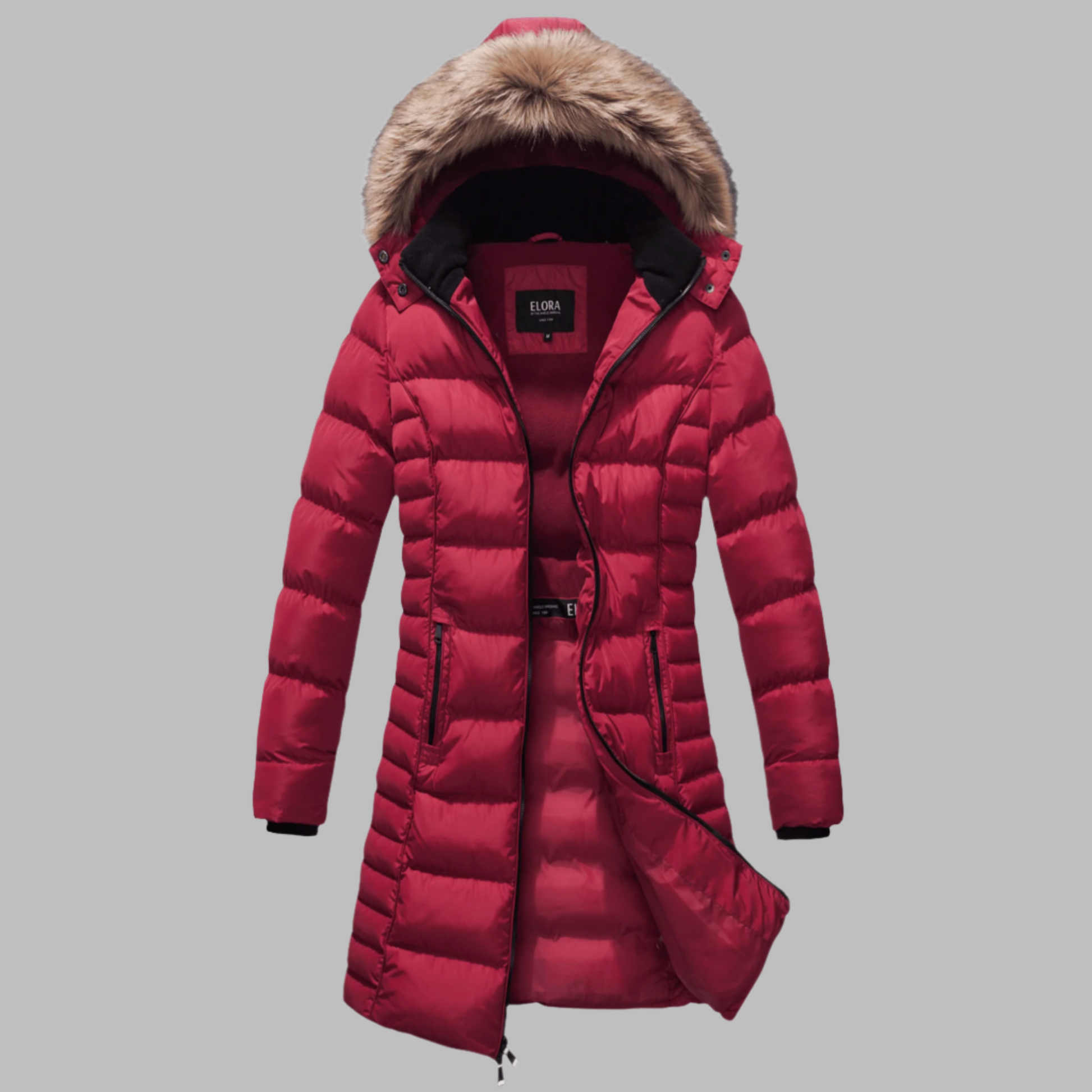 Mid-length women's winter coat with fleece lining, detachable hood with fur trim, quilted design.