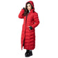 Women's red full-length puffer coat with hoodie and front zippers.