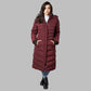 Warm vegan women's winter coat with front zipper and detachable hood.