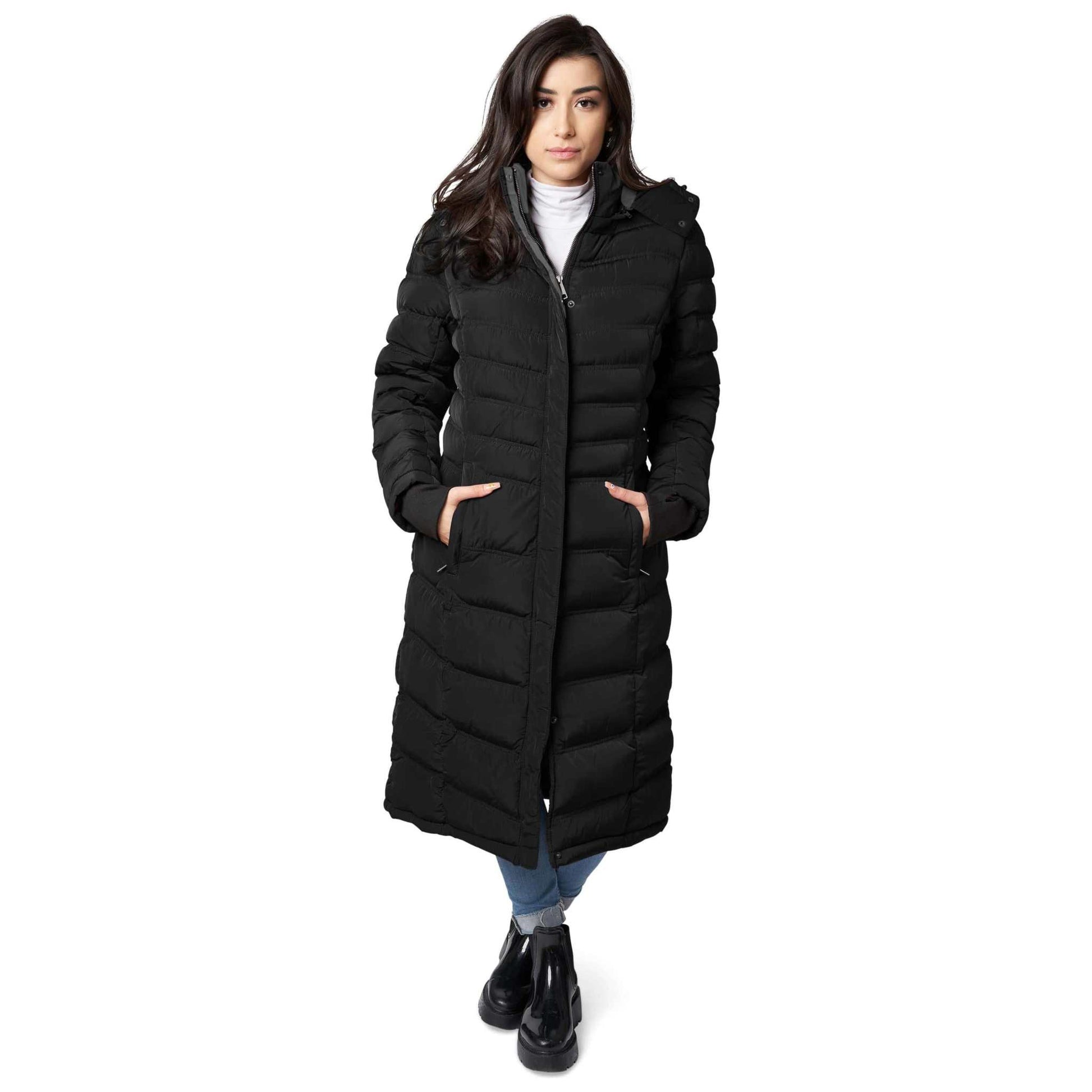 Women's warm winter coat, Elora Maxi Puffer, black, with detachable hood and metal zippered pockets.