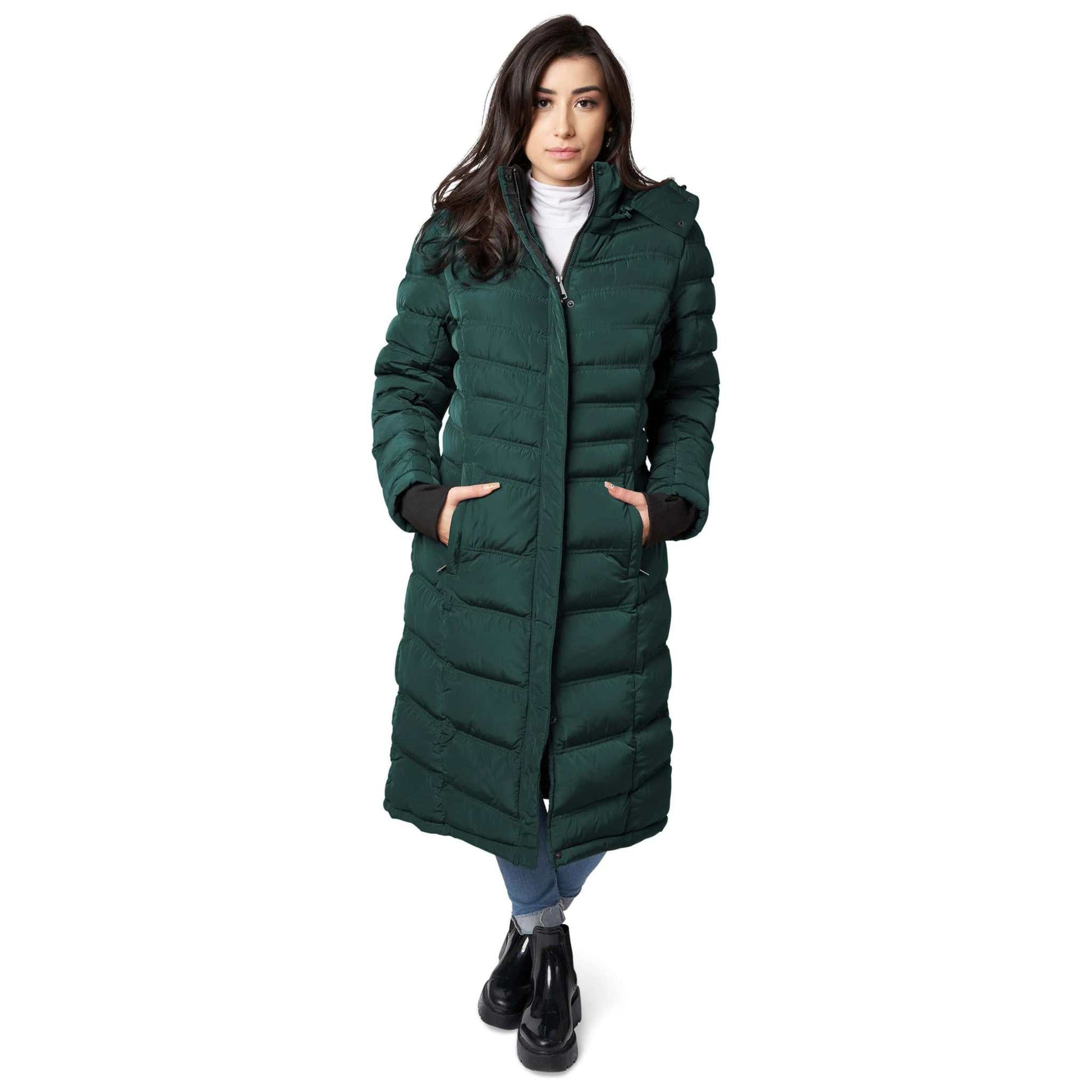 Women's green Elora Maxi Puffer vegan winter coat with detachable hood, zipper front, and polar fleece lining.