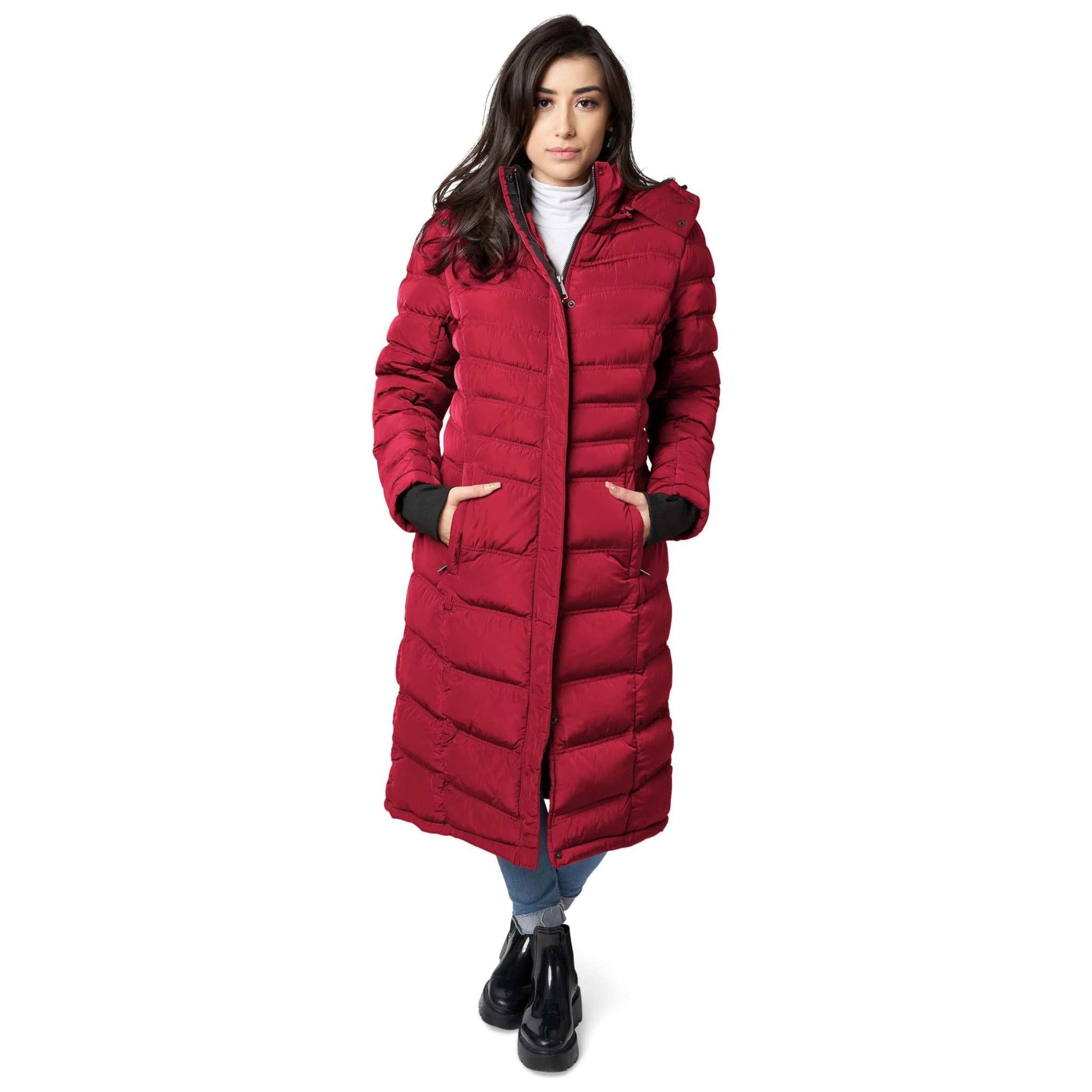 Women's red maxi puffer coat with detachable hood, metal zipper, and polar fleece lining.