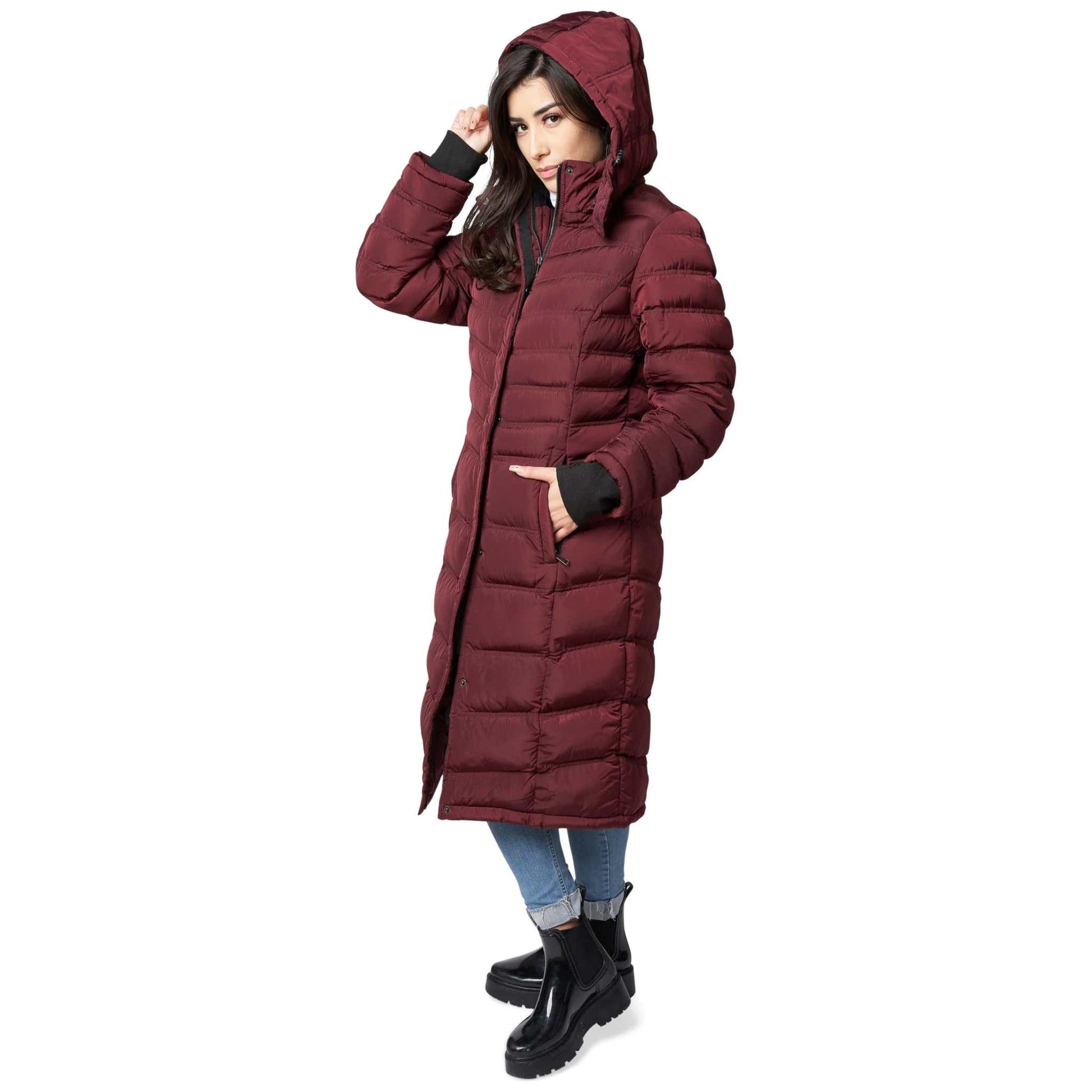 Women's warm winter coat with detachable hood and metal zipper, featuring side pockets and knit rib cuffs, in burgundy.