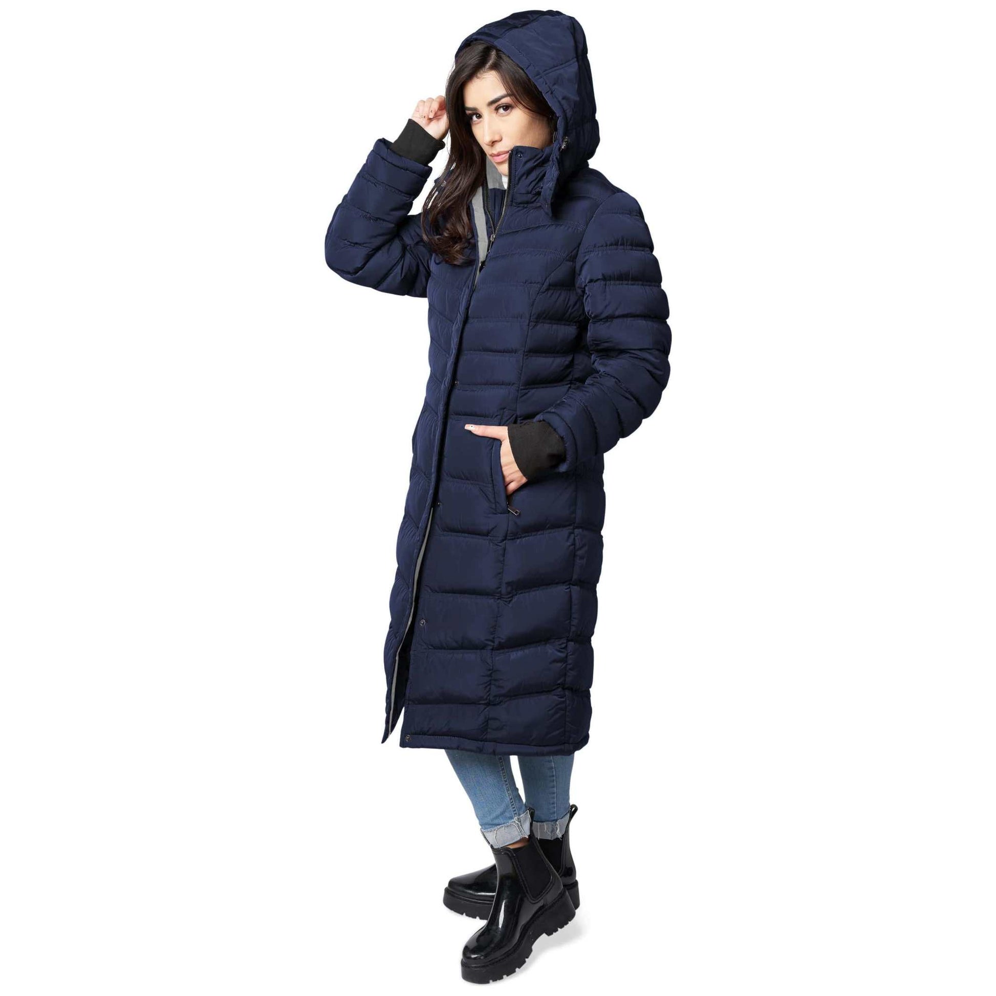 Vegan 40-inch navy winter coat with detachable hood and zippered pockets.