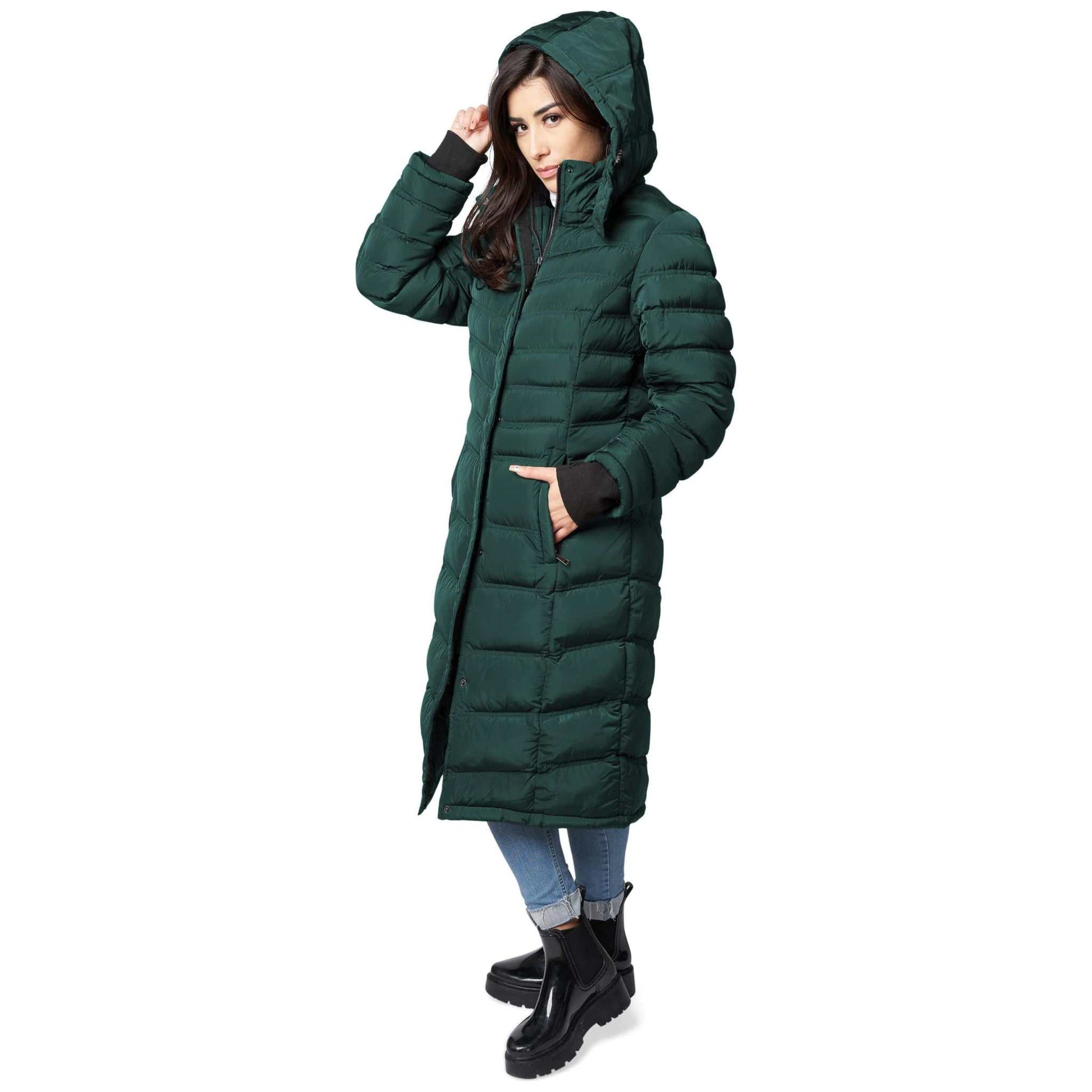 Women's Elora Maxi Puffer Coat, Warm Vegan Winter Coat, 40 Inch Length, Green, with Zipper and Detachable Hood.