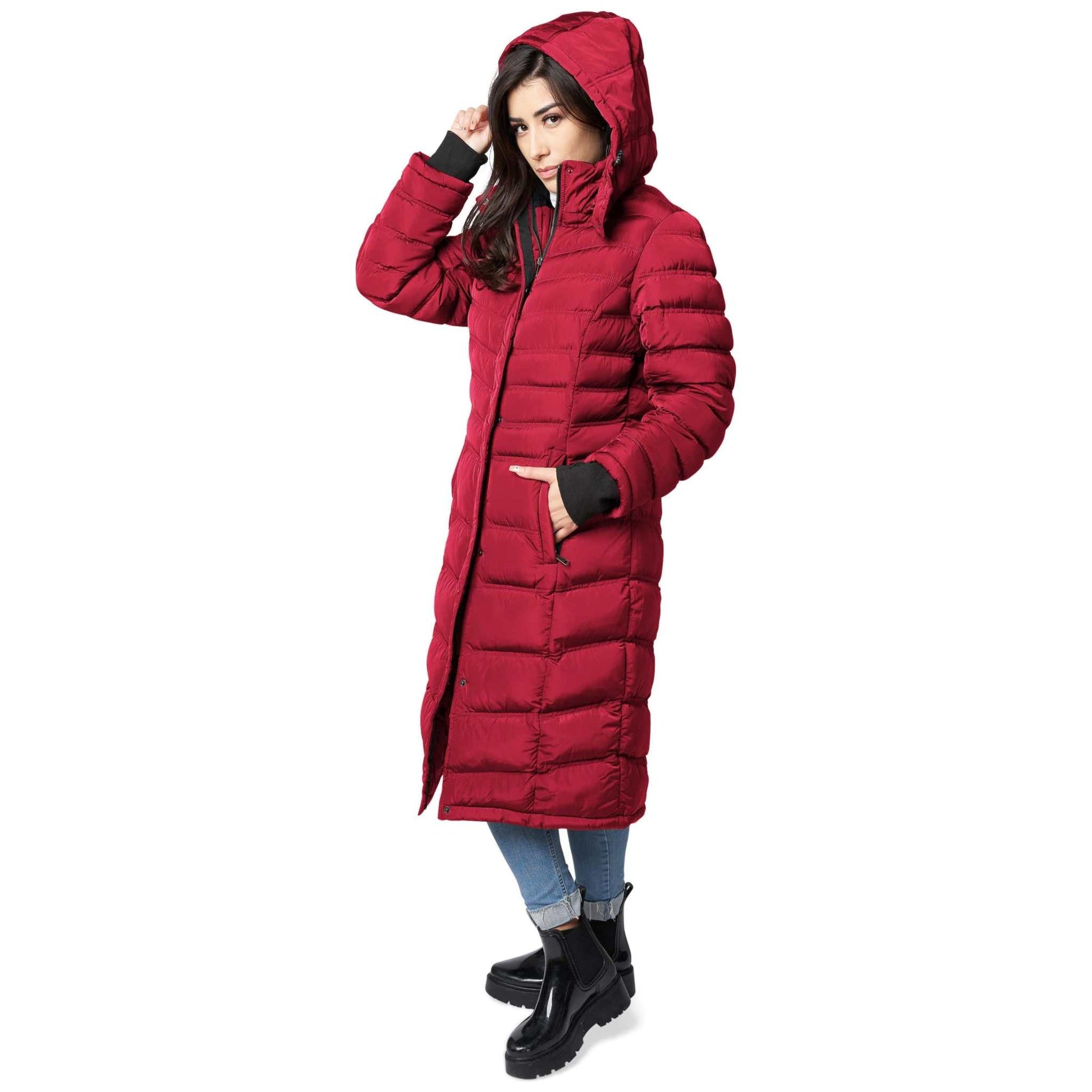 Women's warm winter coat, red puffer with detachable hood, metal zipper, and polar fleece lining.