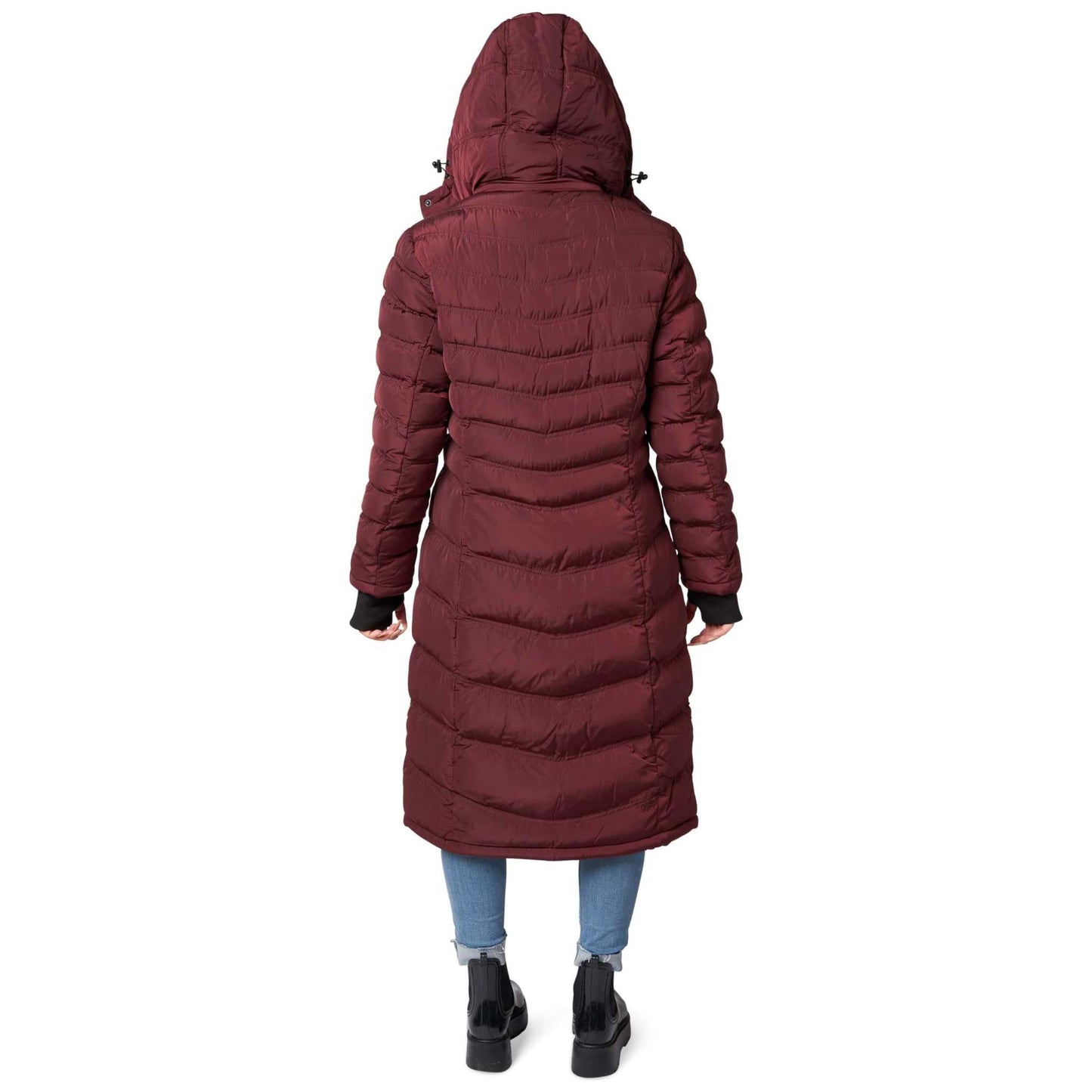 Elora Maxi Puffer: Warm vegan winter coat for women, 40-inch, back view with detachable hood.