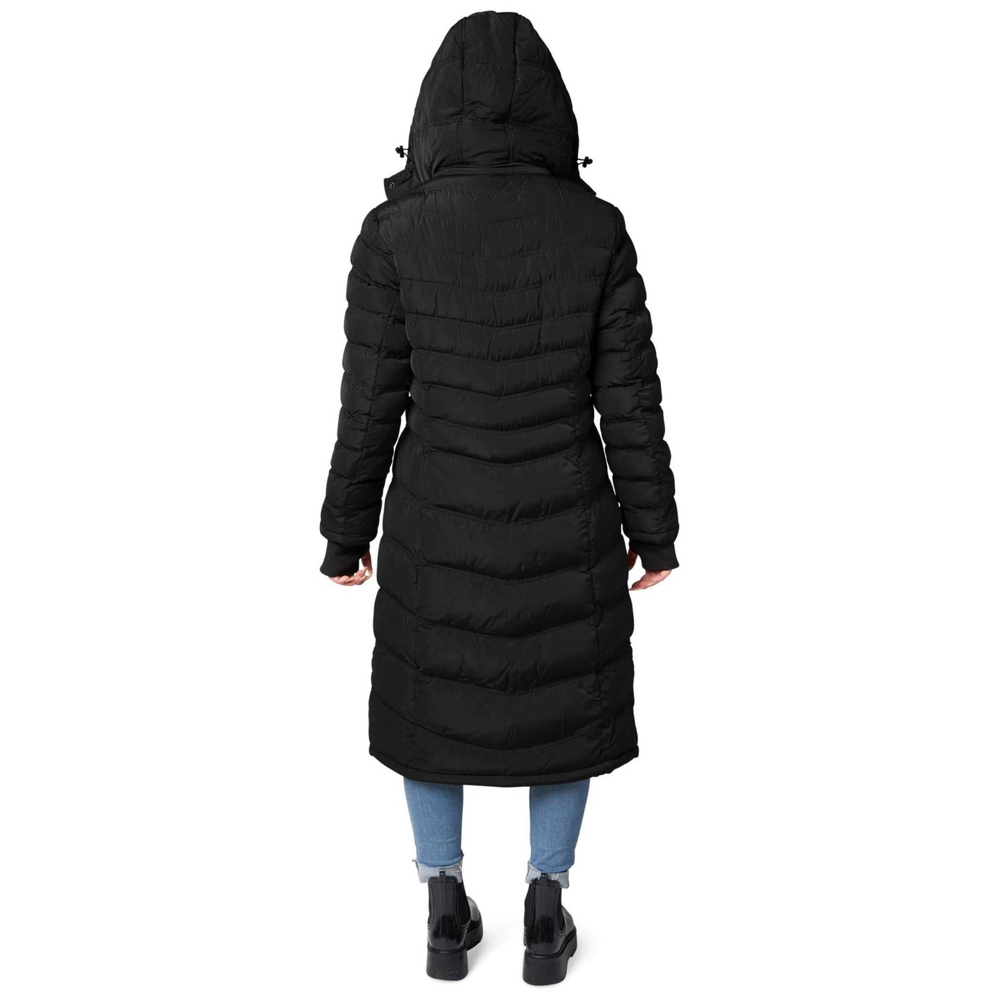 Women's warm winter coat with detachable hood, metal zipper, and rib cuffs, black.
