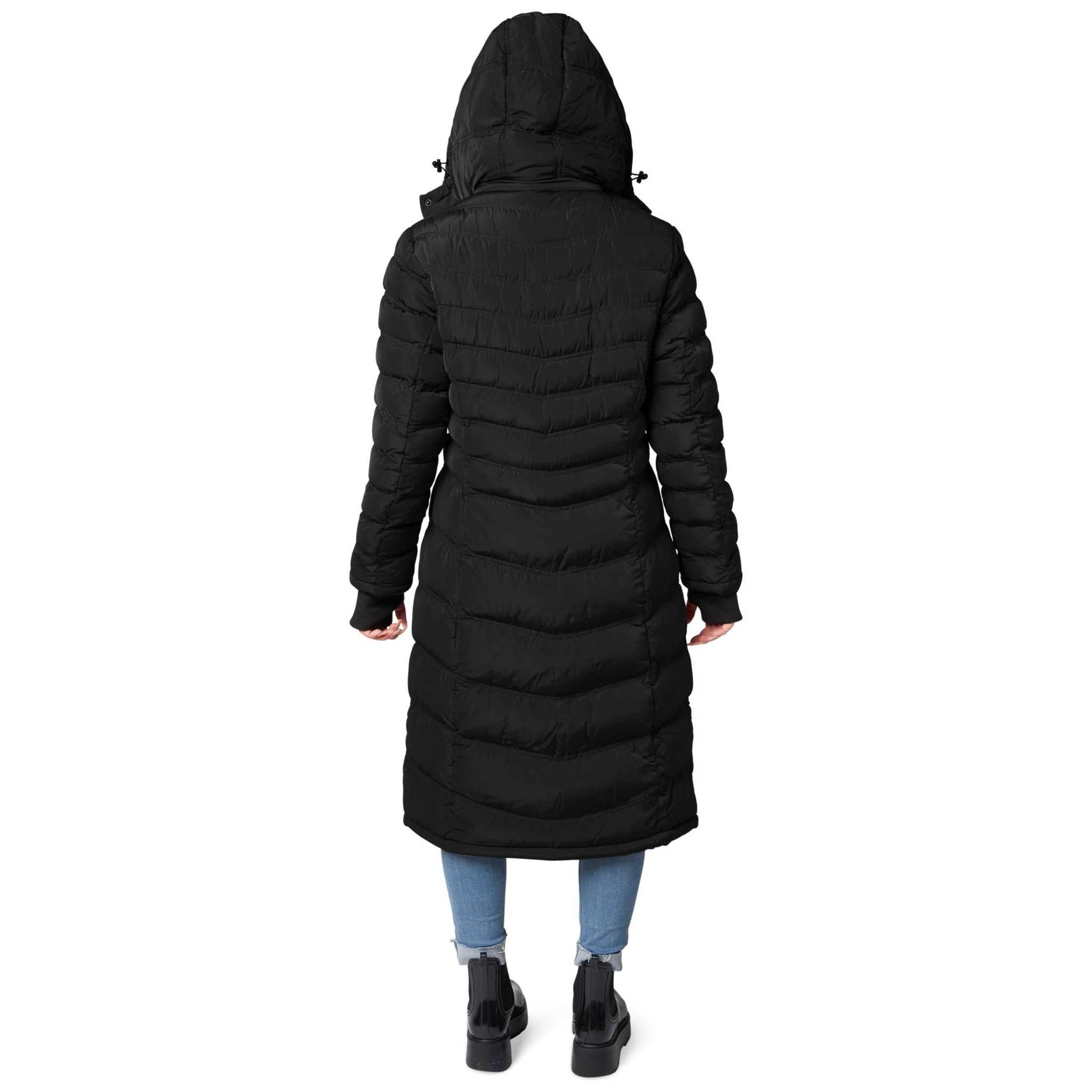 Women's warm winter coat with detachable hood, metal zipper, and rib cuffs, black.