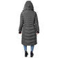 Warm vegan Elora Maxi Puffer coat for women, 40-inch long, with detachable hood and zippered pockets.