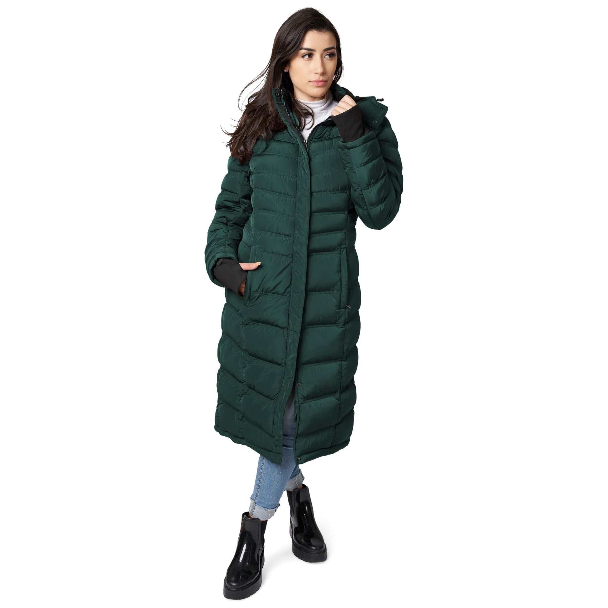 Elora Maxi Puffer: Vegan winter coat with detachable hood and zippered pockets.