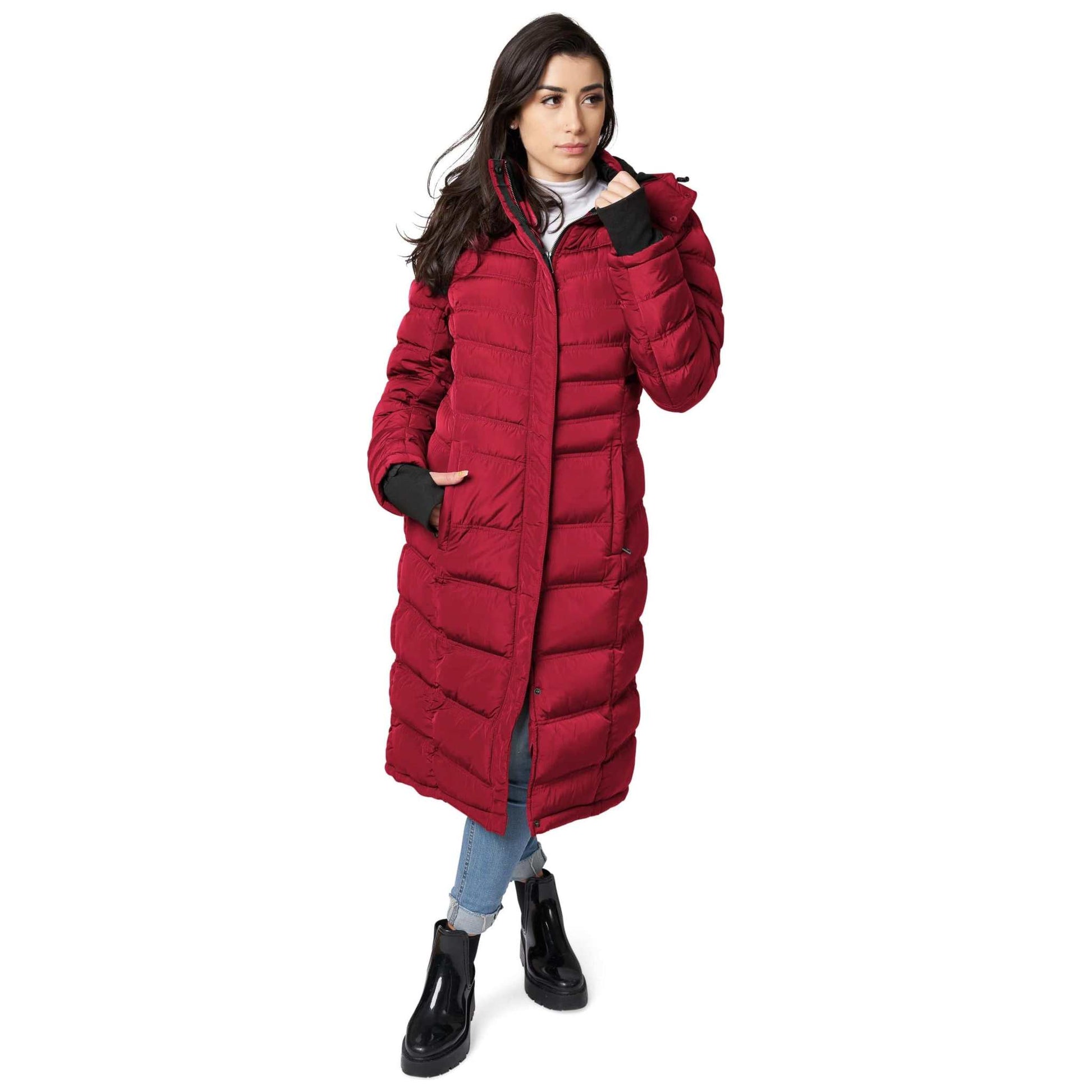 Elora Maxi Puffer vegan winter coat for women in red, featuring a detachable hood and polar fleece lining.