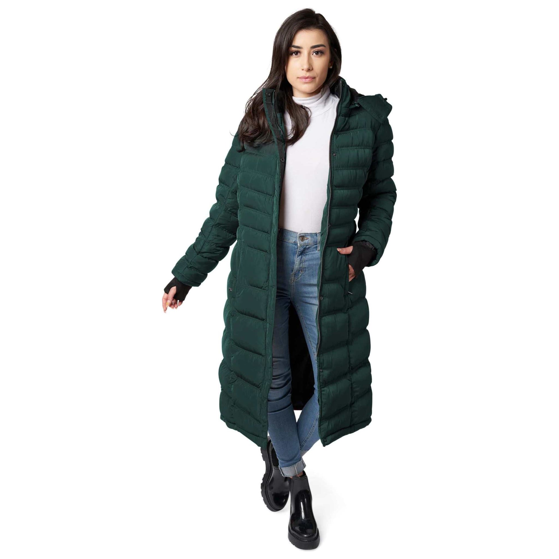 Elora Maxi Puffer: Warm vegan winter coat for women with detachable hood and fleece lining.