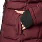 Close-up of Elora Maxi Puffer coat in burgundy, featuring metal zipper and knit rib cuff.