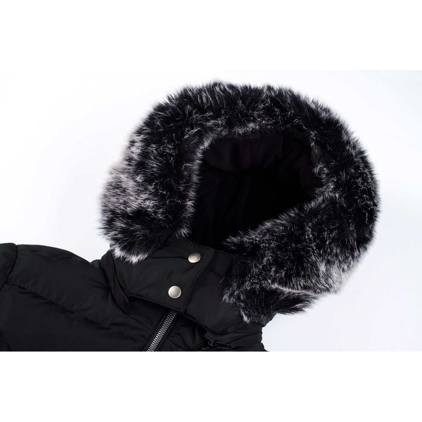 Mid-length women's winter coat with fleece lining and detachable fur-trimmed hood.
