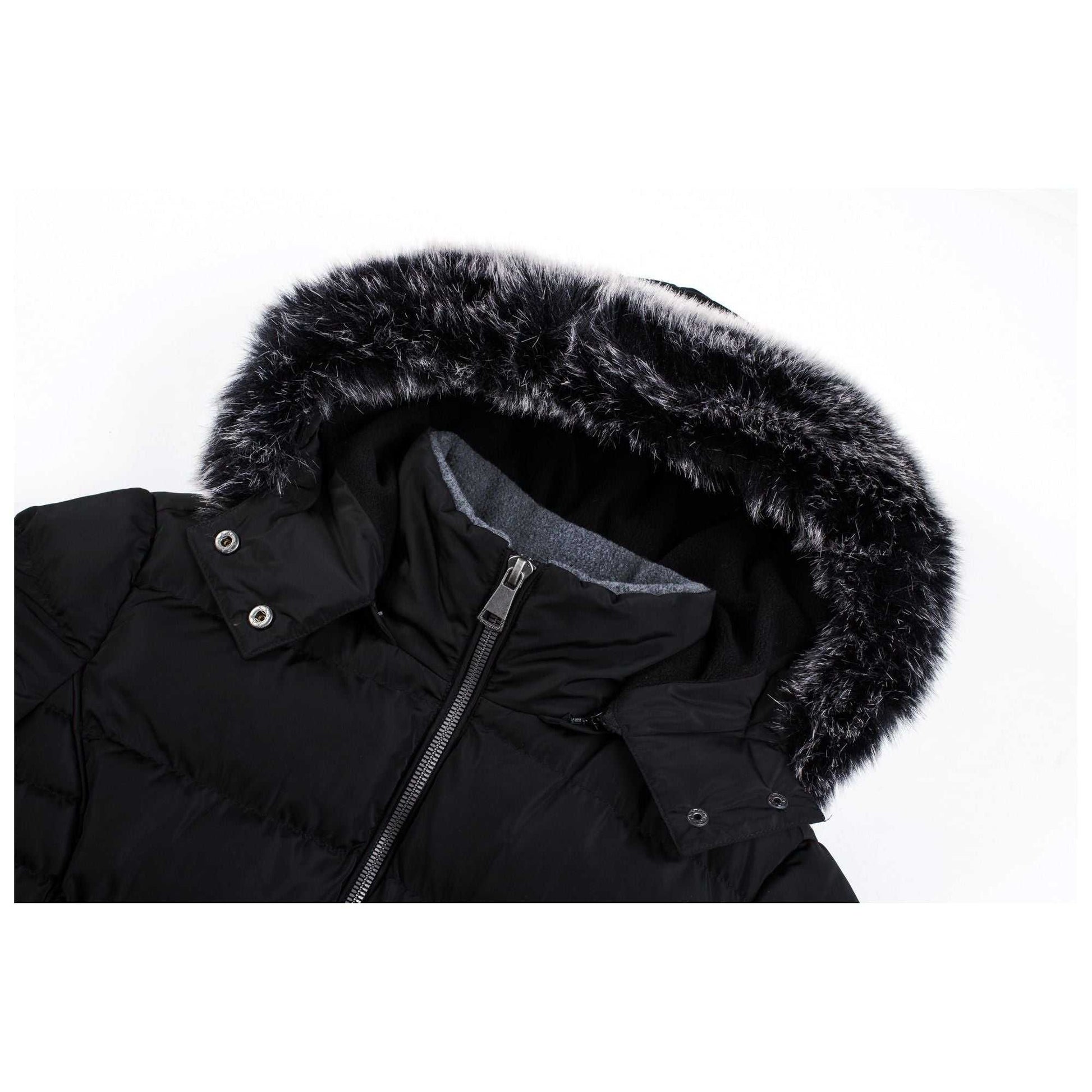 Mid length women's winter coat with quilted design and faux fur-lined detachable hood.