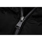 Close-up of zipper on black mid-length women's winter puffer coat with fleece lining.