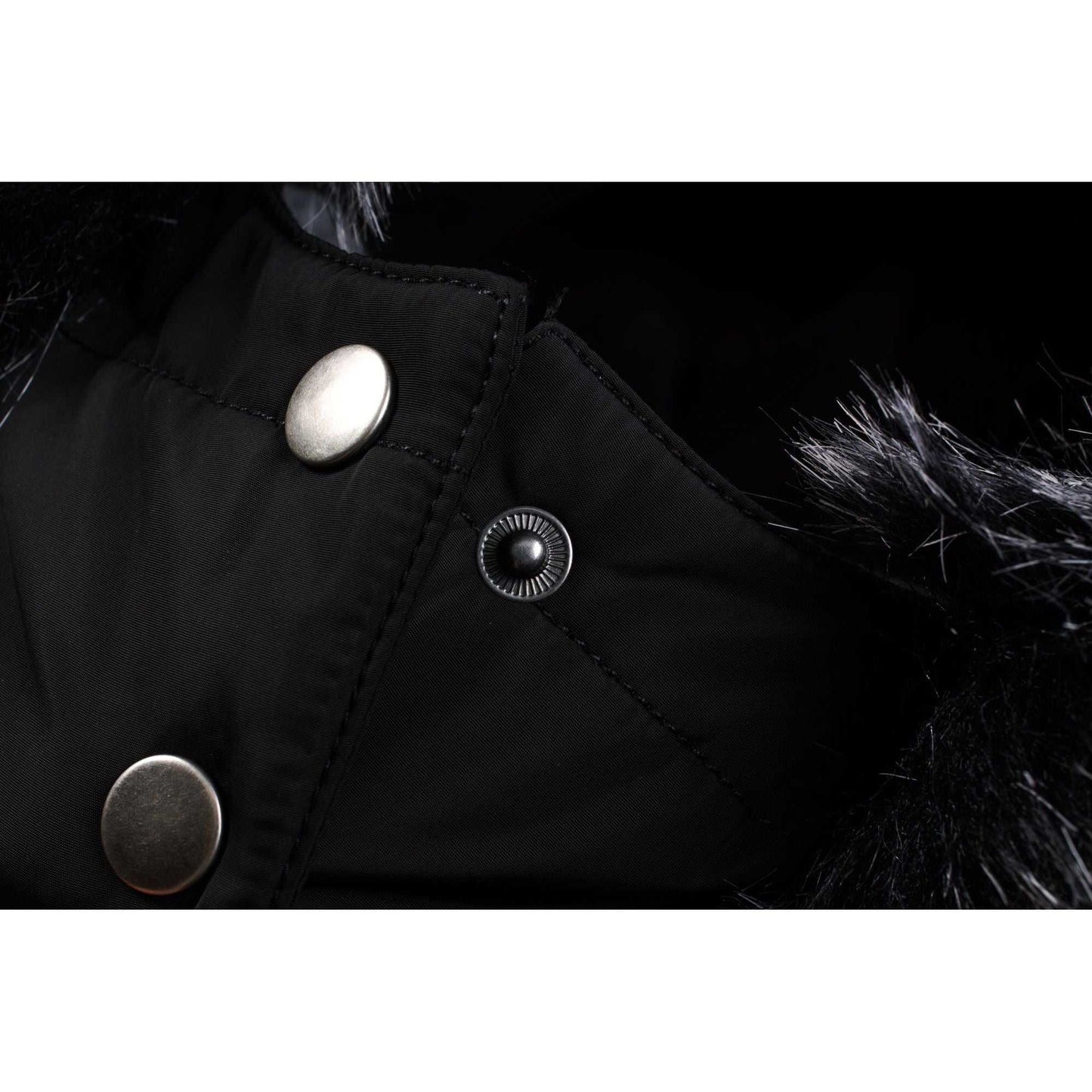 Mid length women's winter coat with fleece lining and detachable hood, button detail.