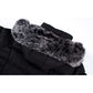 Mid-length women's winter coat with fleece lining and detachable fur-trimmed hood.