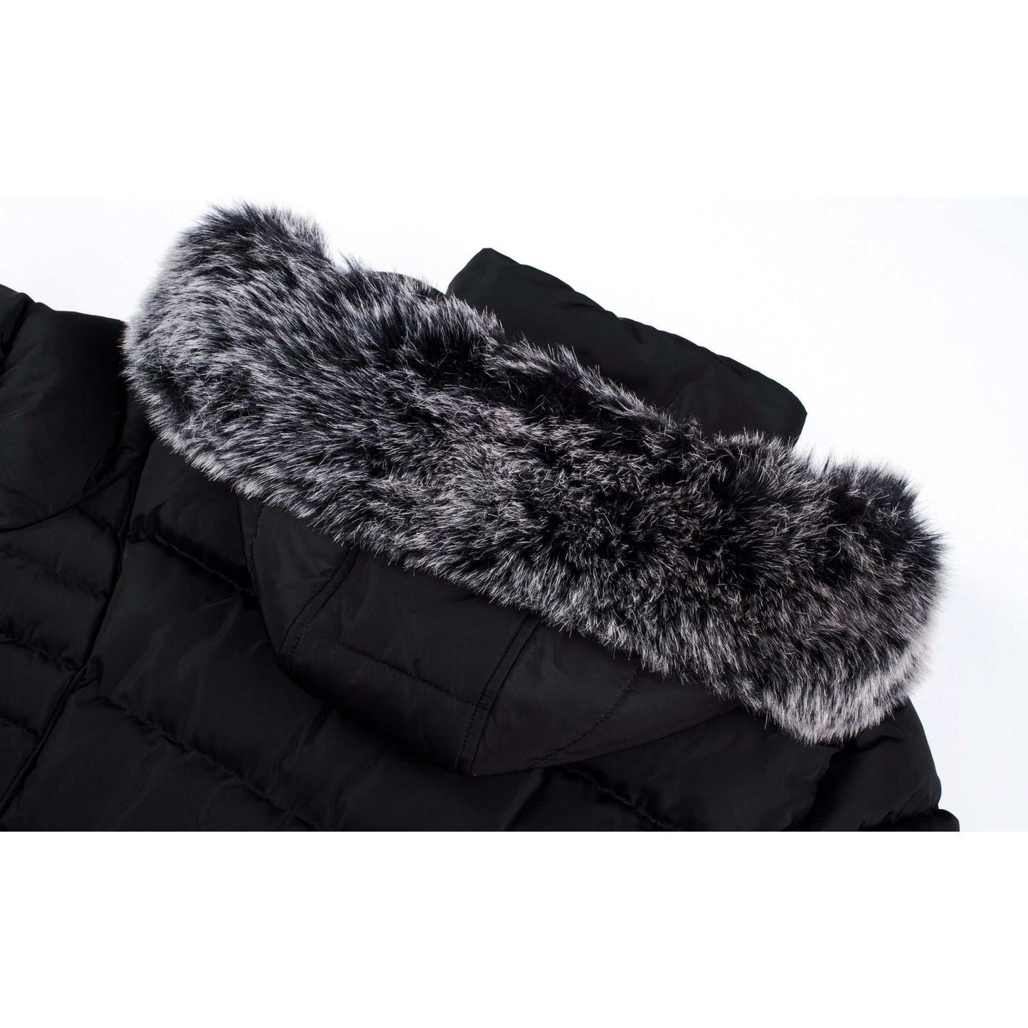 Mid-length women's winter coat with fleece lining and detachable fur-trimmed hood.