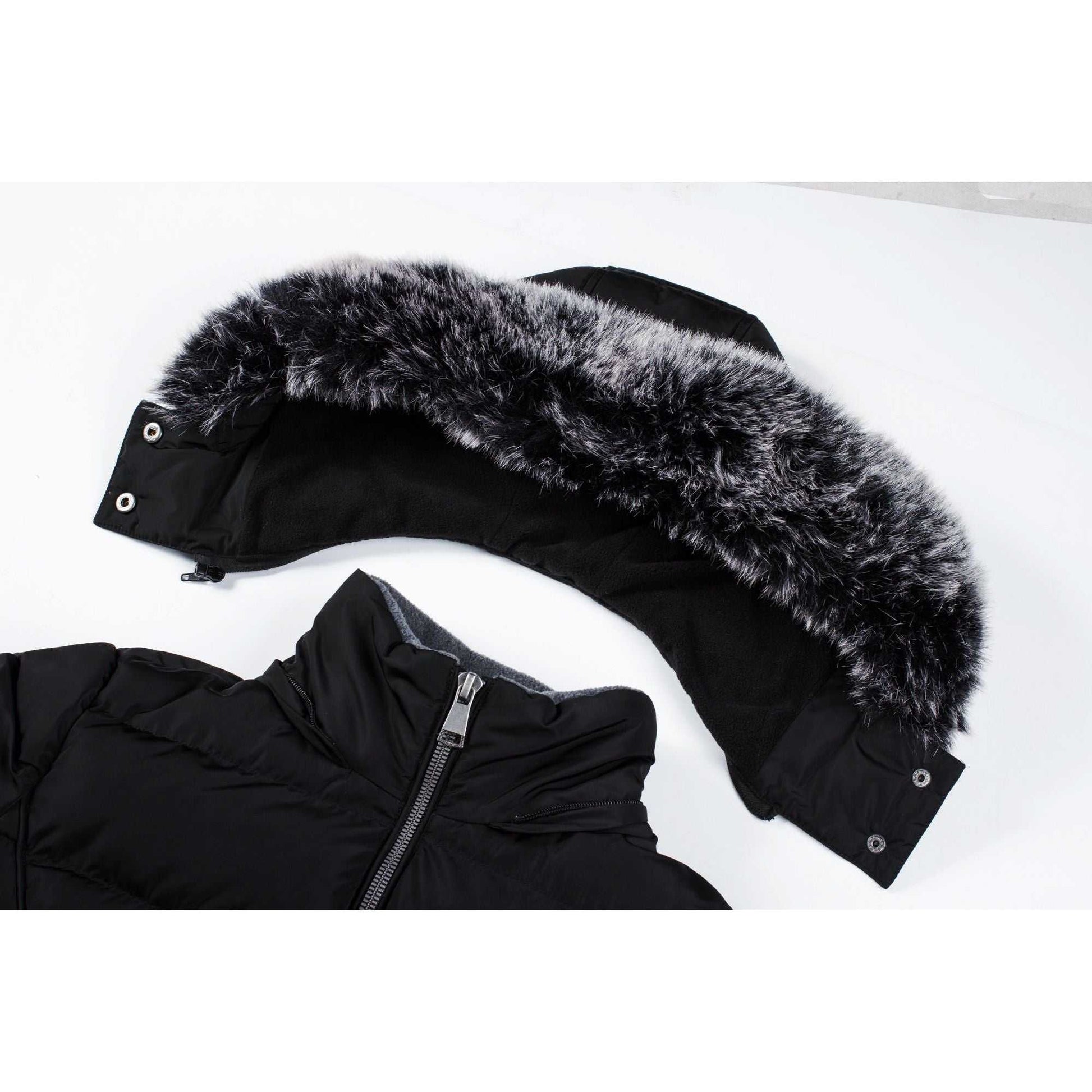 Mid-length women's winter coat with fleece lining and detachable hood.